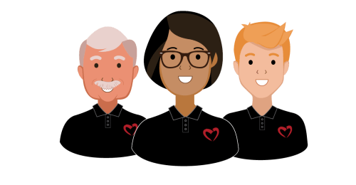 Illustration of three diverse team members wearing black shirts with heart-shaped logos, smiling and representing friendly customer support.